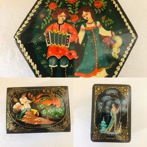 3 vintage Russian lacquered hand painted boxes
